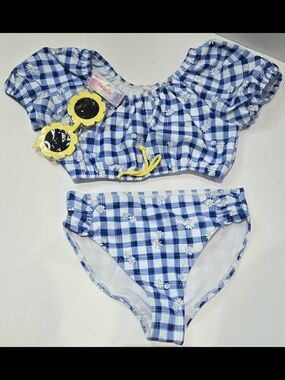 Bmagical Girls Blue Gingham Daisy Bikini Set with UV Protection